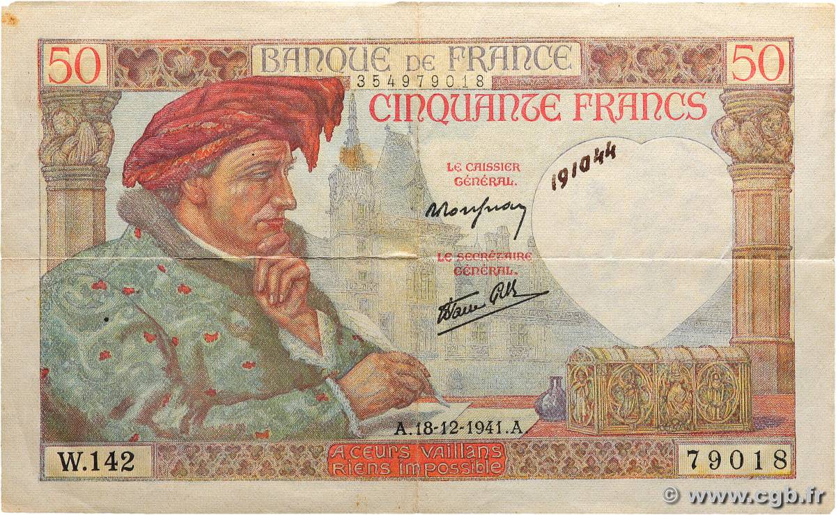 50 Francs JACQUES CŒUR FRANCIA  1941 F.19.17 MBC+