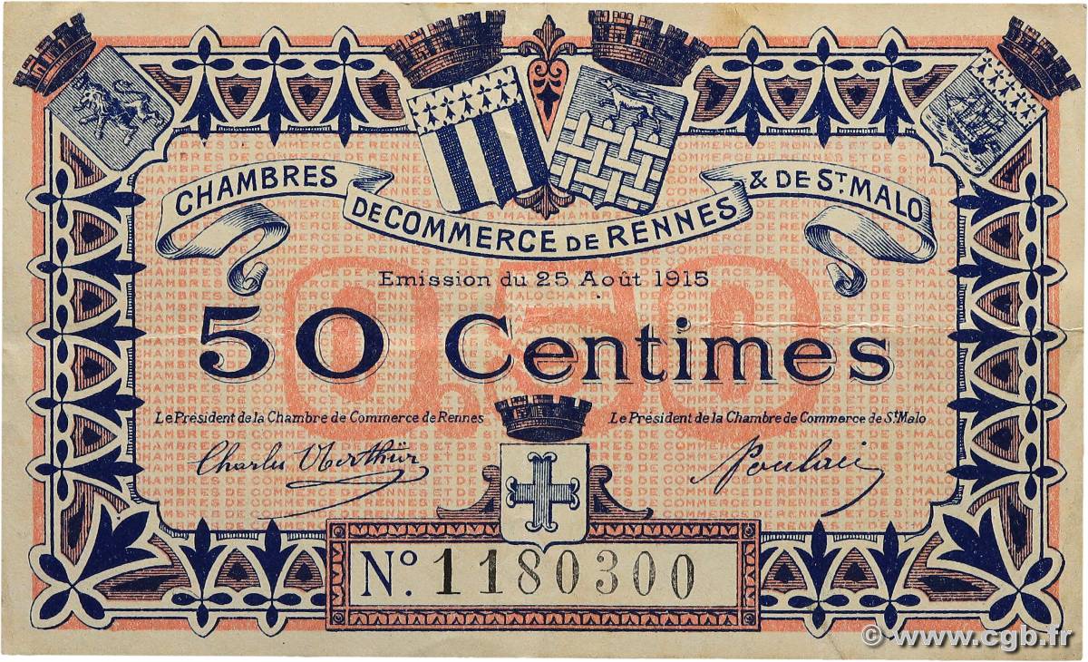 50 Centimes FRANCE regionalismo y varios Rennes et Saint-Malo 1915 JP.105.06 EBC