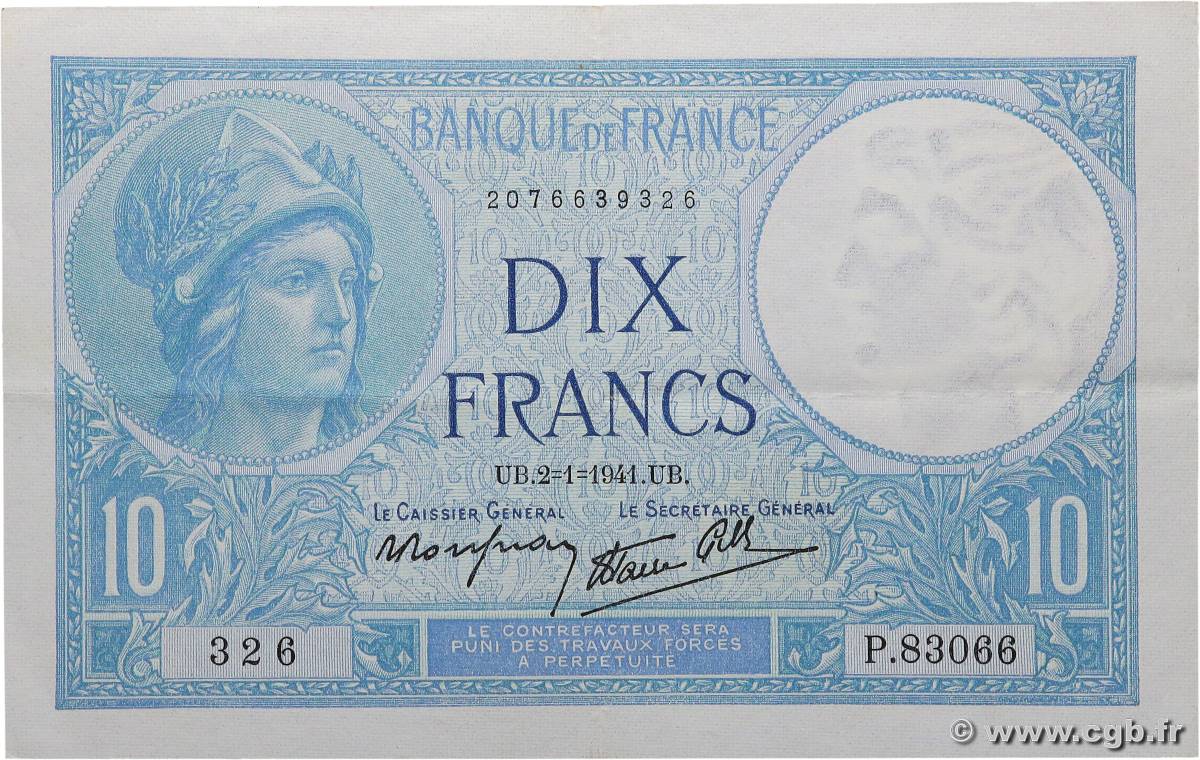 10 Francs MINERVE modifié FRANCIA  1941 F.07.26 MBC+