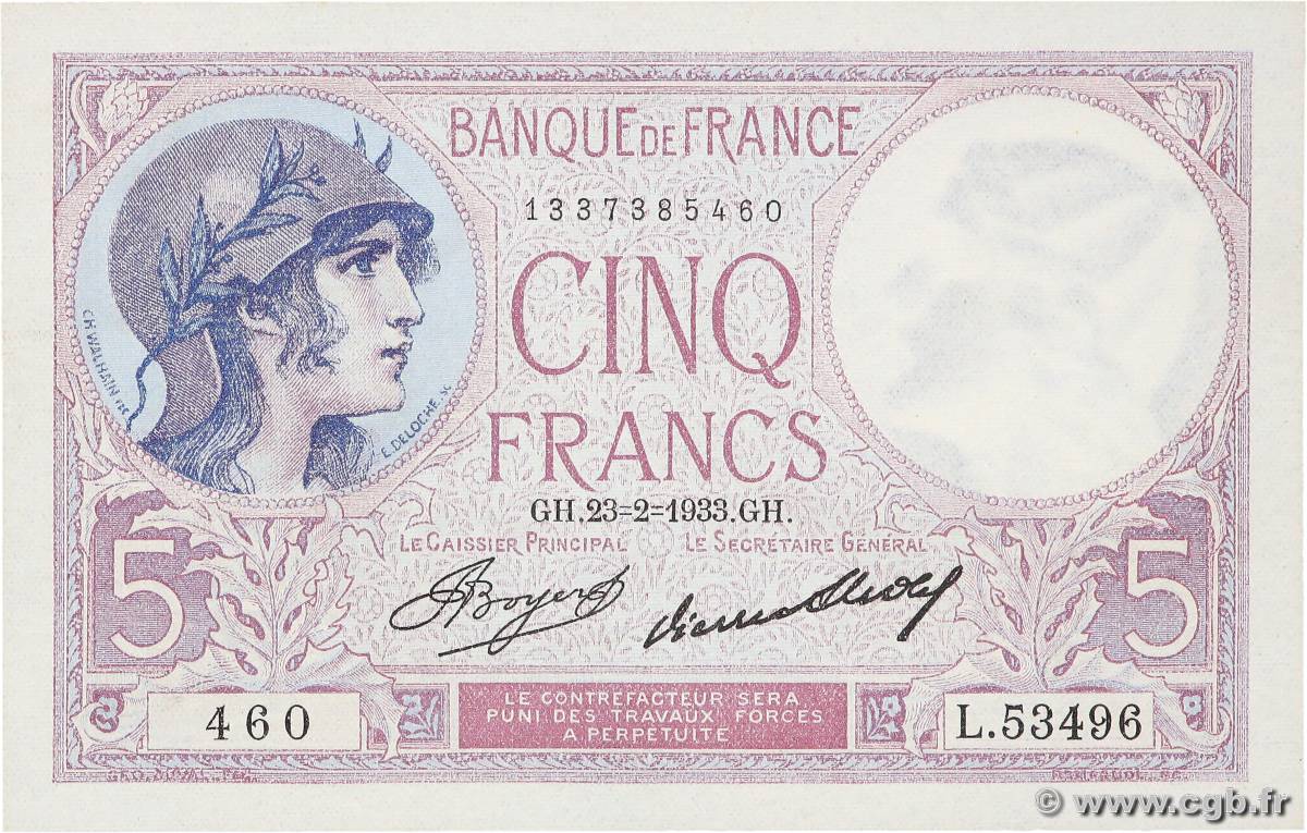 5 Francs FEMME CASQUÉE FRANCE  1933 F.03.17 AU