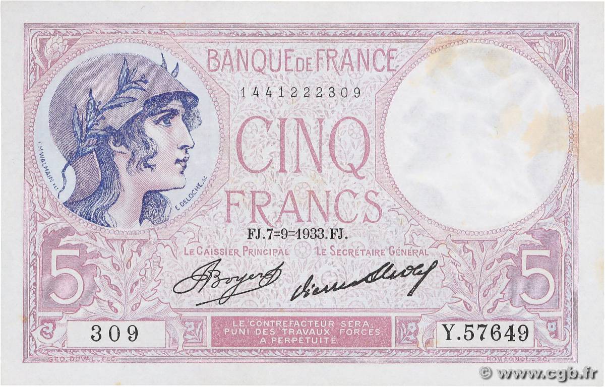 5 Francs FEMME CASQUÉE FRANCE  1933 F.03.17 XF