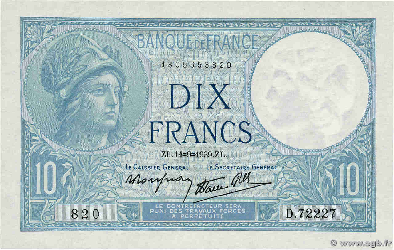 10 Francs MINERVE modifié FRANCE  1939 F.07.07 pr.NEUF