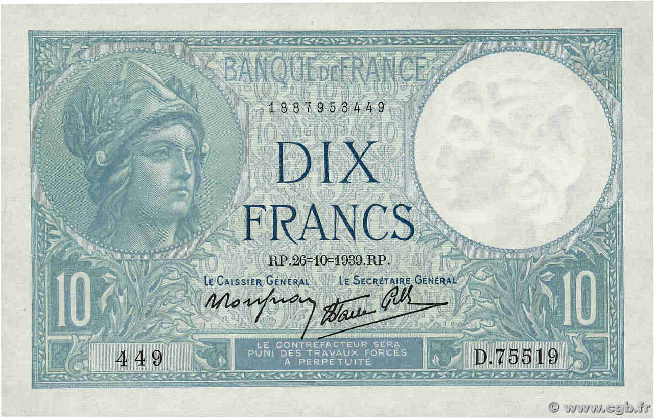 10 Francs MINERVE modifié FRANCE  1939 F.07.13 SPL