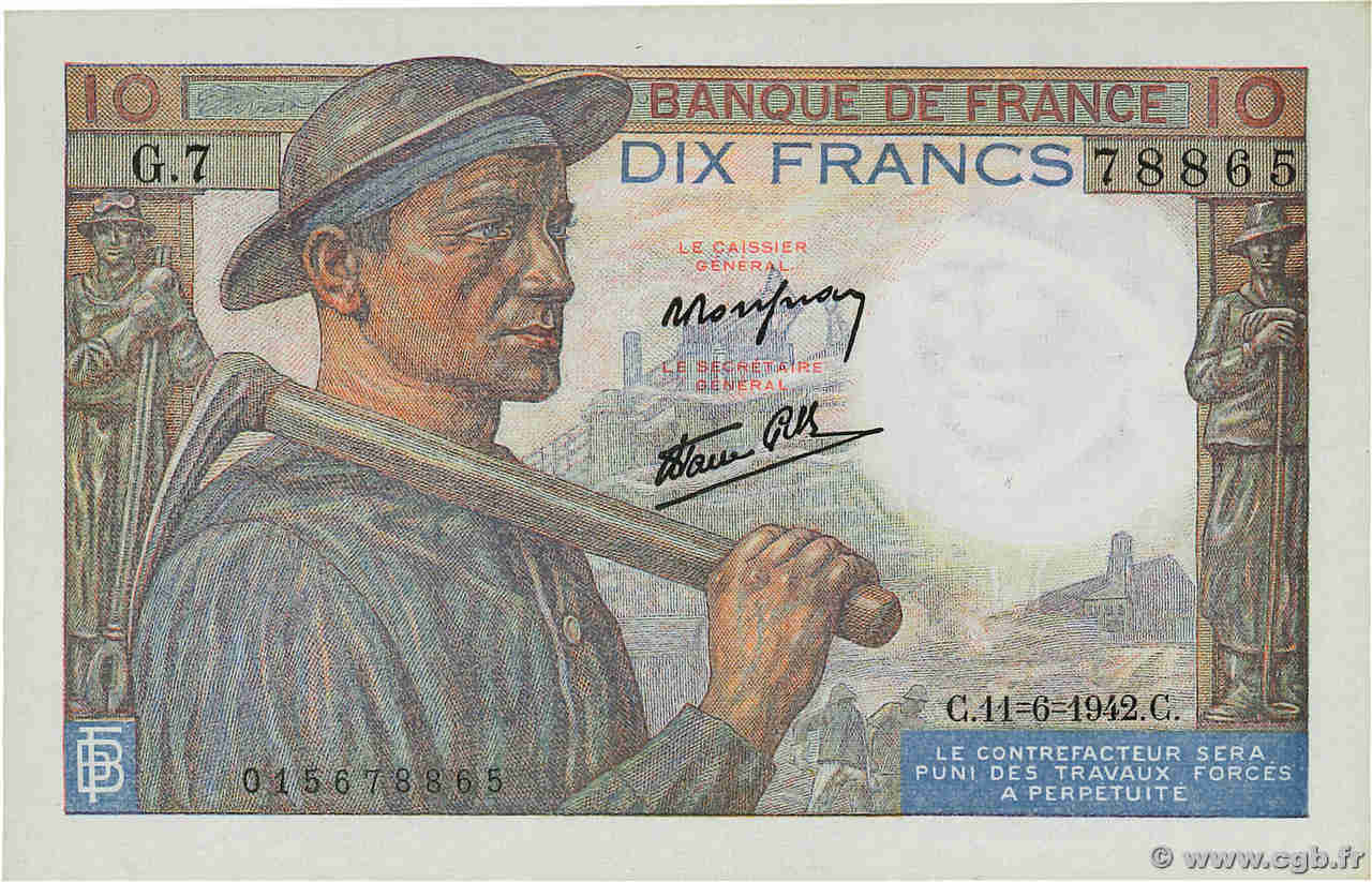 10 Francs MINEUR FRANCE  1942 F.08.03 pr.NEUF