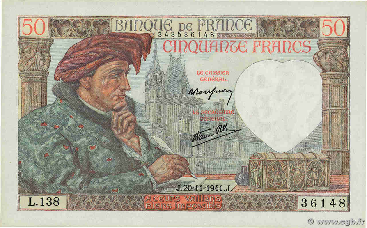 50 Francs JACQUES CŒUR FRANCIA  1941 F.19.16 SC+