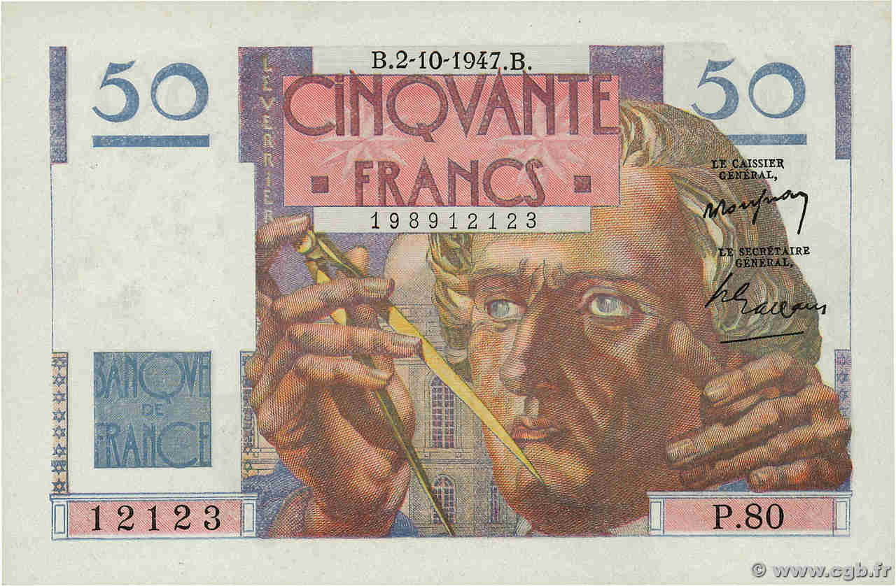 50 Francs LE VERRIER FRANCE  1947 F.20.09 AU+