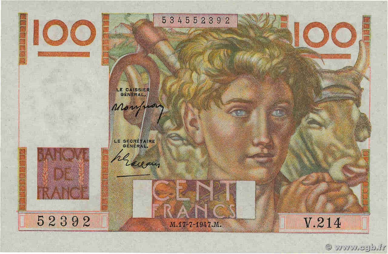 100 Francs JEUNE PAYSAN FRANCE  1947 F.28.15 pr.NEUF