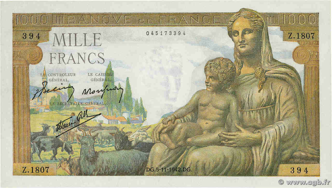 1000 Francs DÉESSE DÉMÉTER FRANCIA  1942 F.40.10 SC+