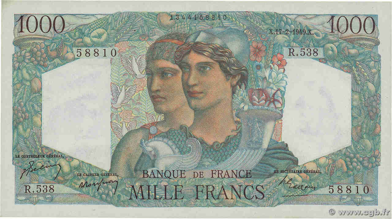 1000 Francs MINERVE ET HERCULE FRANKREICH  1949 F.41.25 fST+