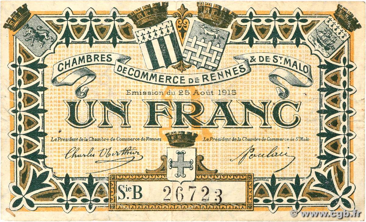 1 Franc FRANCE régionalisme et divers Rennes et Saint-Malo 1915 JP.105.15 TB