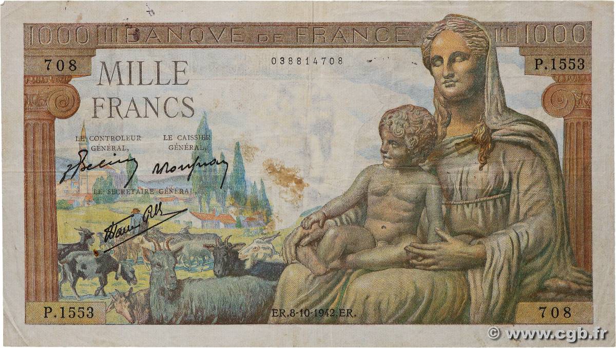 1000 Francs DÉESSE DÉMÉTER FRANCE  1942 F.40.08 TB
