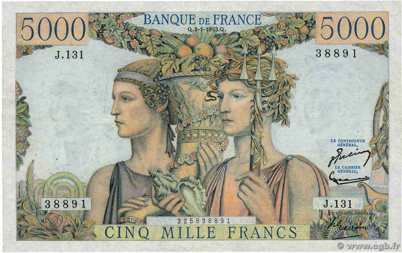 5000 Francs TERRE ET MER FRANKREICH  1953 F.48.08 SS