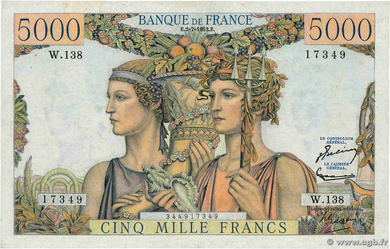 5000 Francs TERRE ET MER FRANCE  1953 F.48.09 TTB