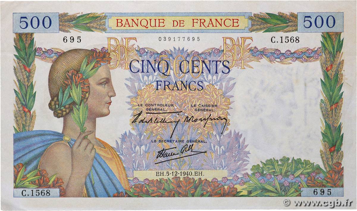 500 Francs LA PAIX FRANCE  1940 F.32.10 AU-