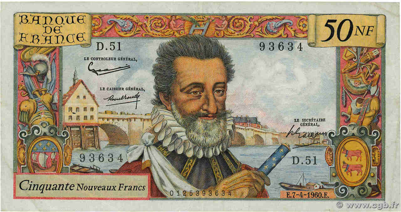 50 Nouveaux Francs HENRI IV FRANCE  1960 F.58.05 F+