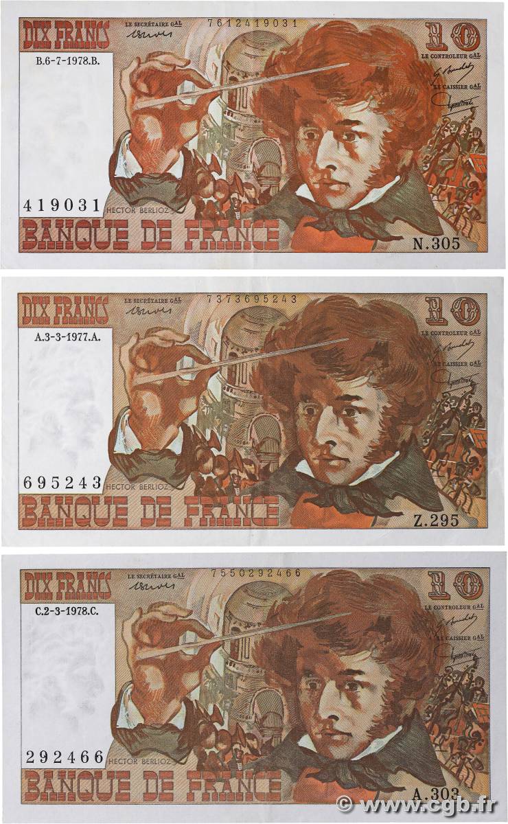 10 Francs BERLIOZ Lot FRANCE  1977 F.63.21/23/24 VF - XF