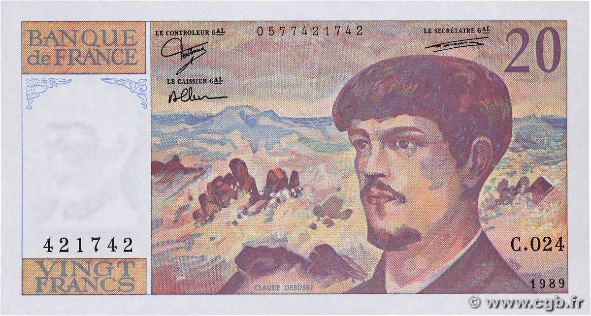 20 Francs DEBUSSY FRANCIA  1989 F.66.10 FDC
