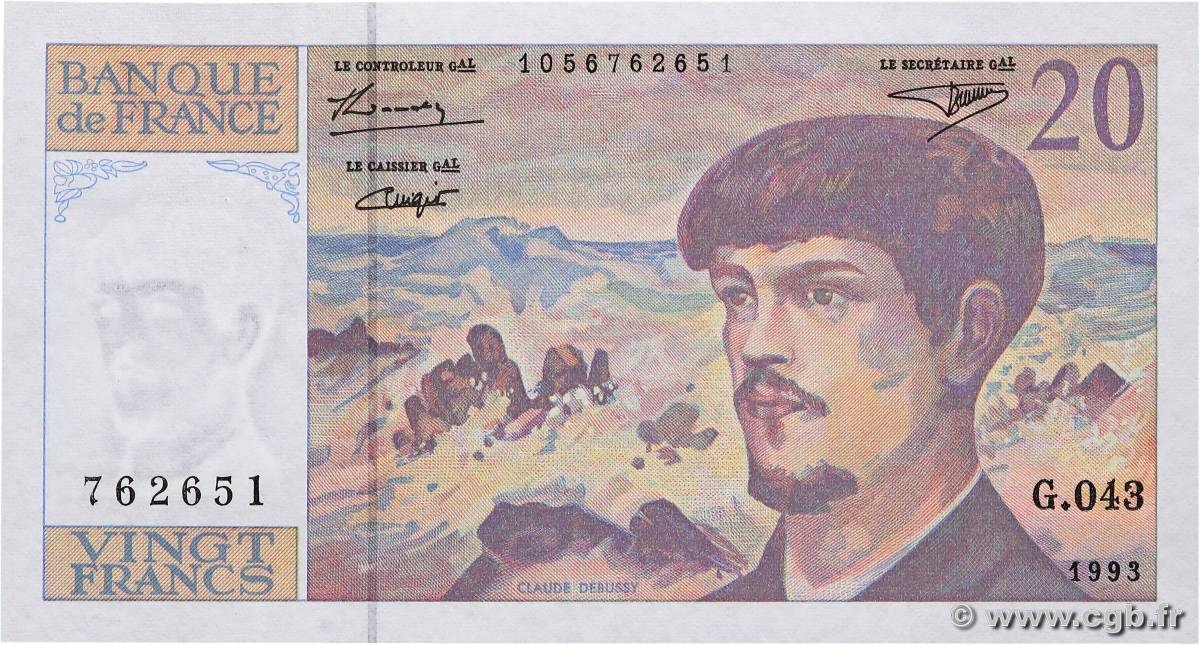 20 Francs DEBUSSY à fil de sécurité FRANCE  1993 F.66bis.05 pr.NEUF