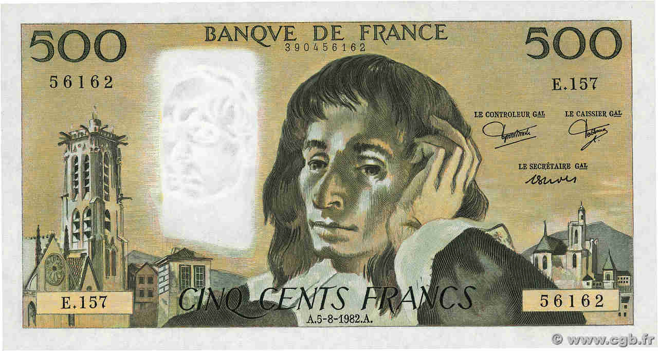 500 Francs PASCAL FRANCE  1982 F.71.27 UNC-