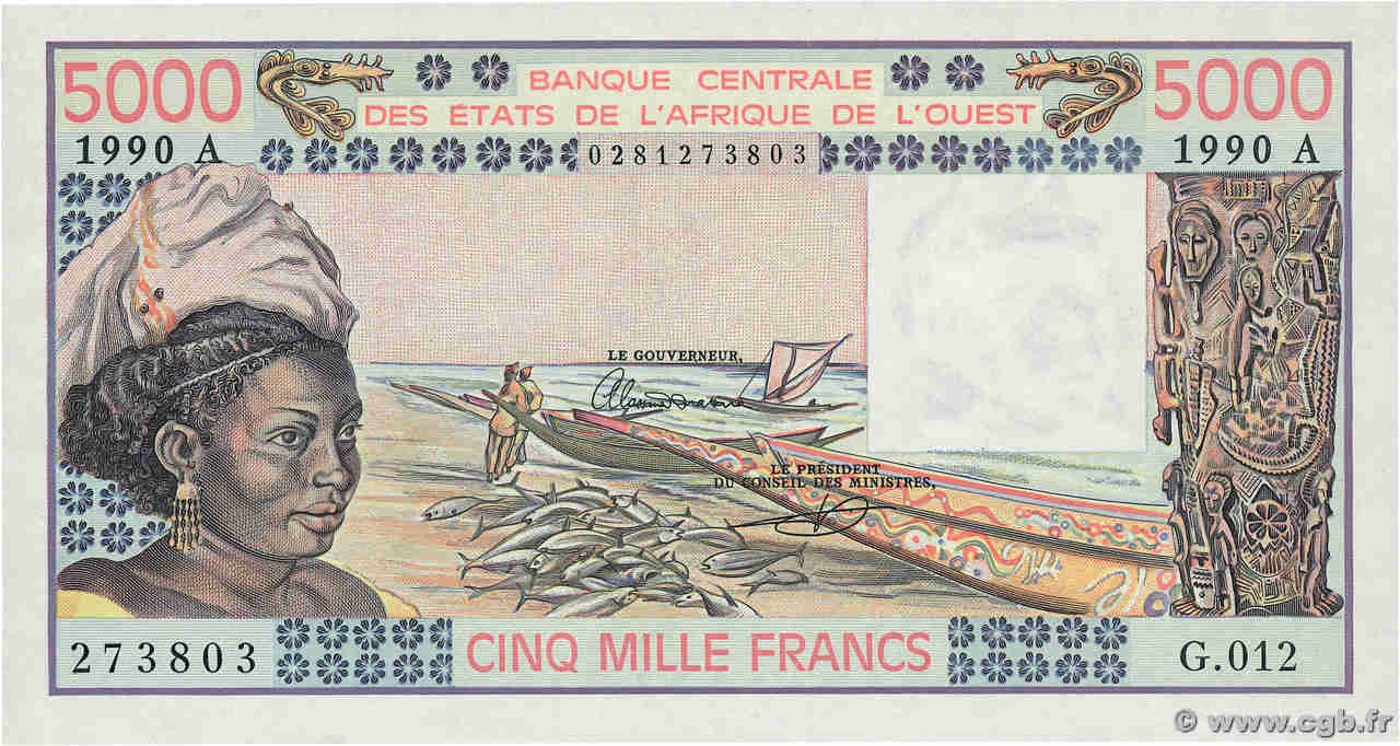 5000 Francs WEST AFRICAN STATES  1990 P.108Aq AU+