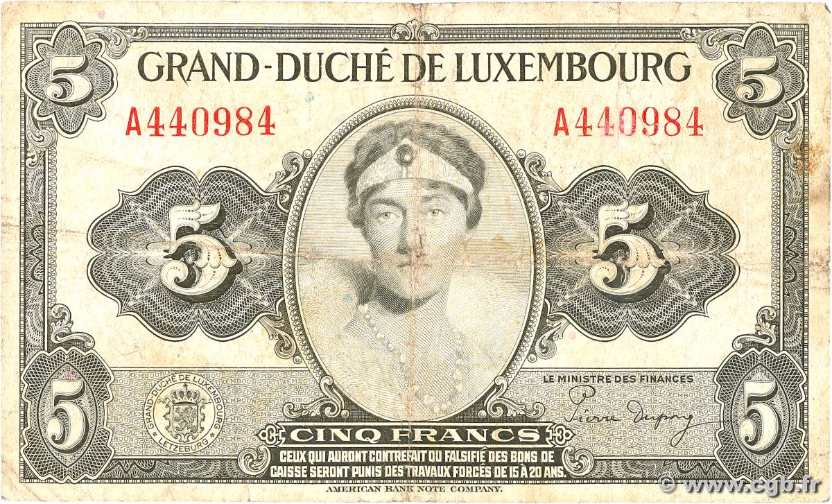 5 Francs LUXEMBOURG  1944 P.43b B