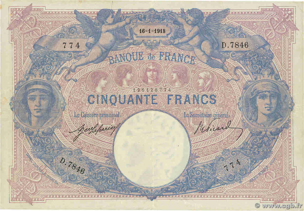 50 Francs BLEU ET ROSE FRANCE  1918 F.14.31 pr.TTB