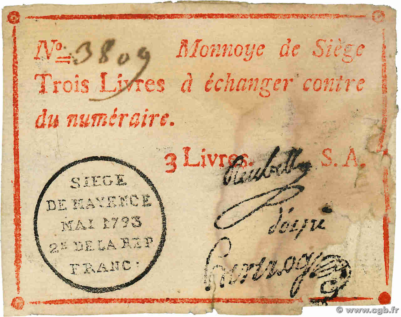 3 Livres FRANCE régionalisme et divers Mayence 1793 Kol.033 TB