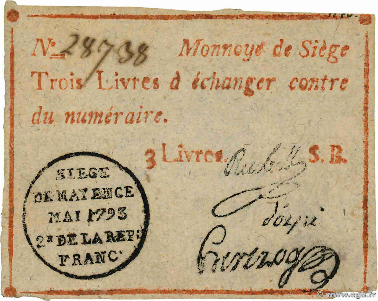 3 Livres FRANCE régionalisme et divers Mayence 1793 Kol.035 TTB