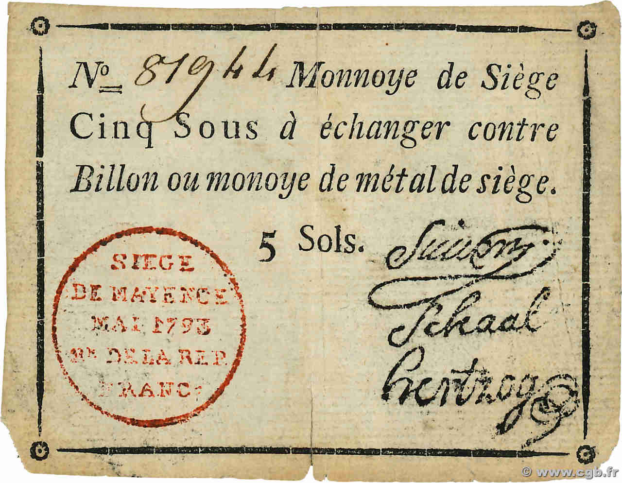 5 Sous FRANCE regionalism and various Mayence 1793 Kol.027 F+