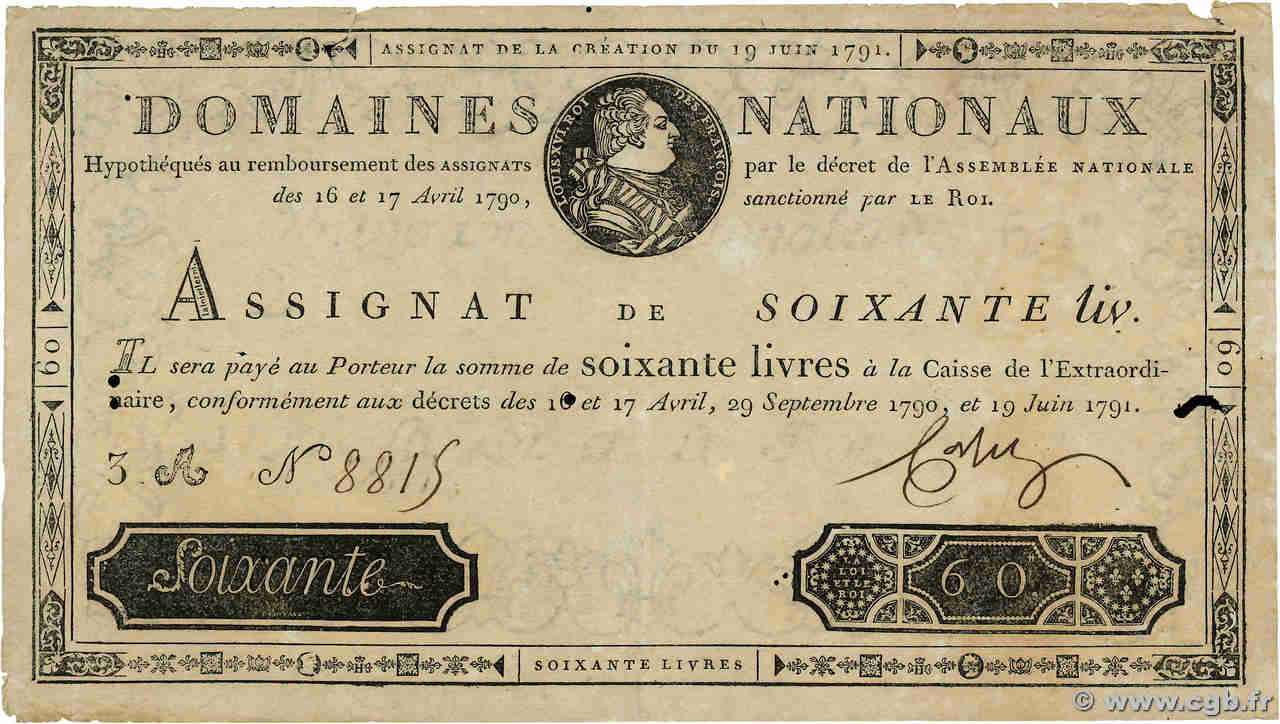 60 Livres FRANCE  1791 Ass.14a TB