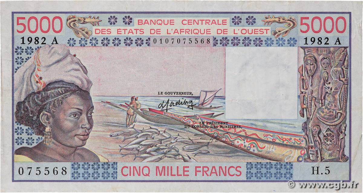 5000 Francs ÉTATS DE L AFRIQUE DE L OUEST  1982 P.108Ai TB