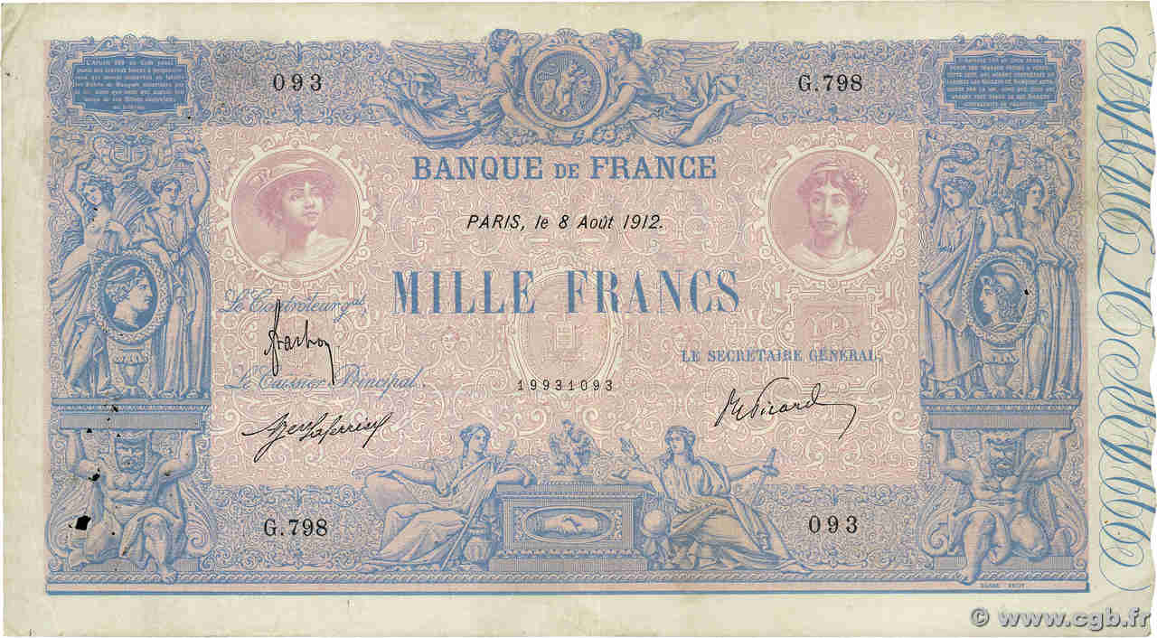 1000 Francs BLEU ET ROSE FRANCIA  1912 F.36.26 q.BB