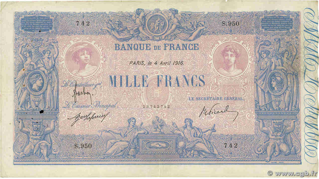 1000 Francs BLEU ET ROSE FRANCE  1916 F.36.30 F