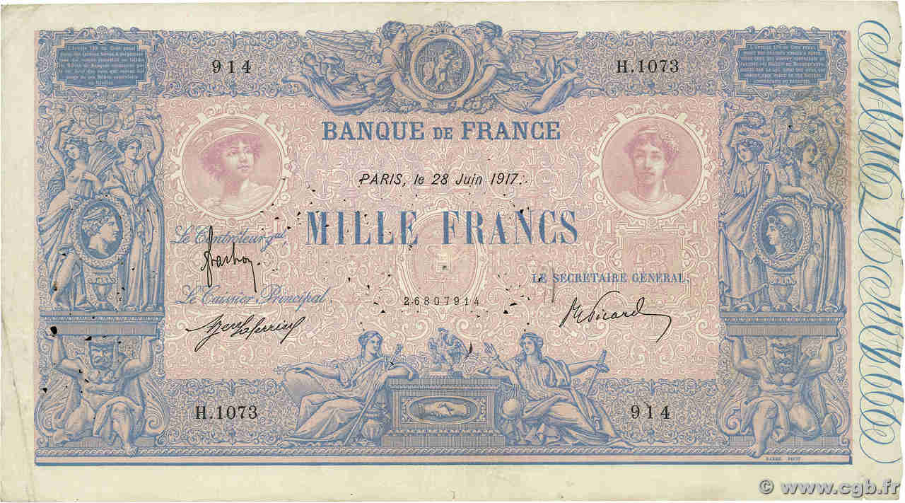 1000 Francs BLEU ET ROSE FRANCIA  1917 F.36.31 BC