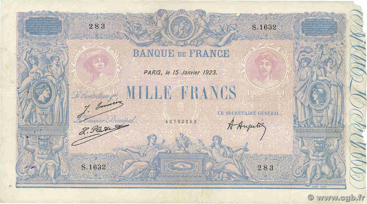 1000 Francs BLEU ET ROSE FRANCIA  1923 F.36.39 BC+