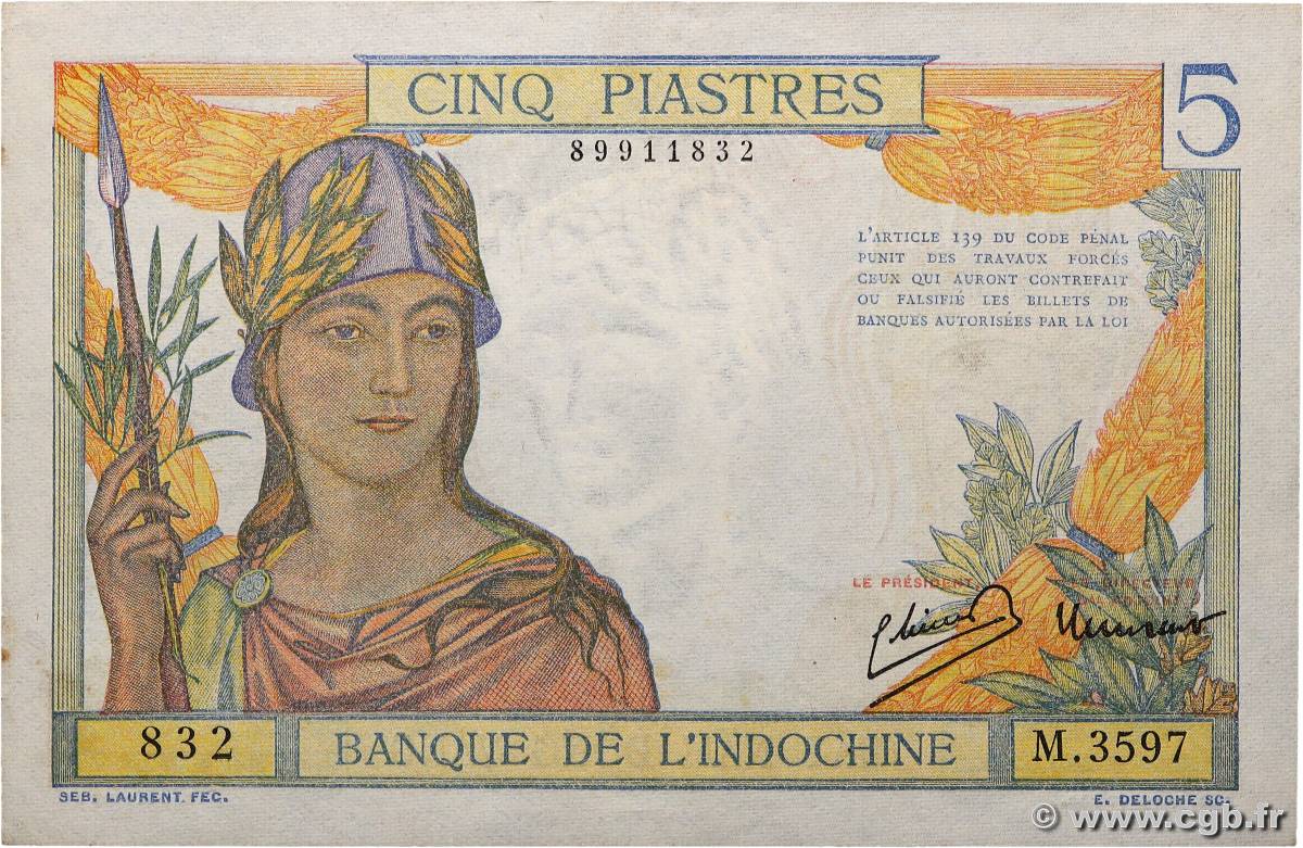 5 Piastres FRENCH INDOCHINA  1946 P.055c AU