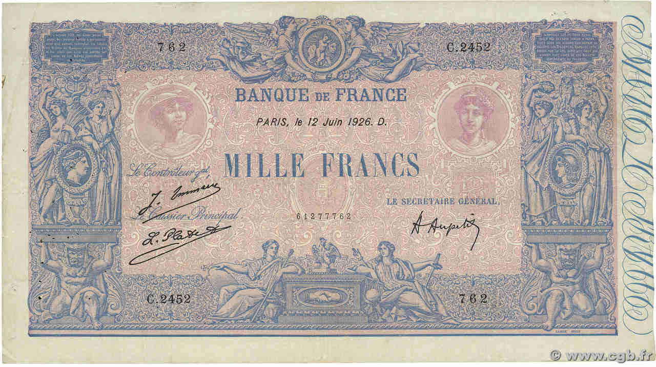 1000 Francs BLEU ET ROSE FRANCIA  1926 F.36.42 BC+