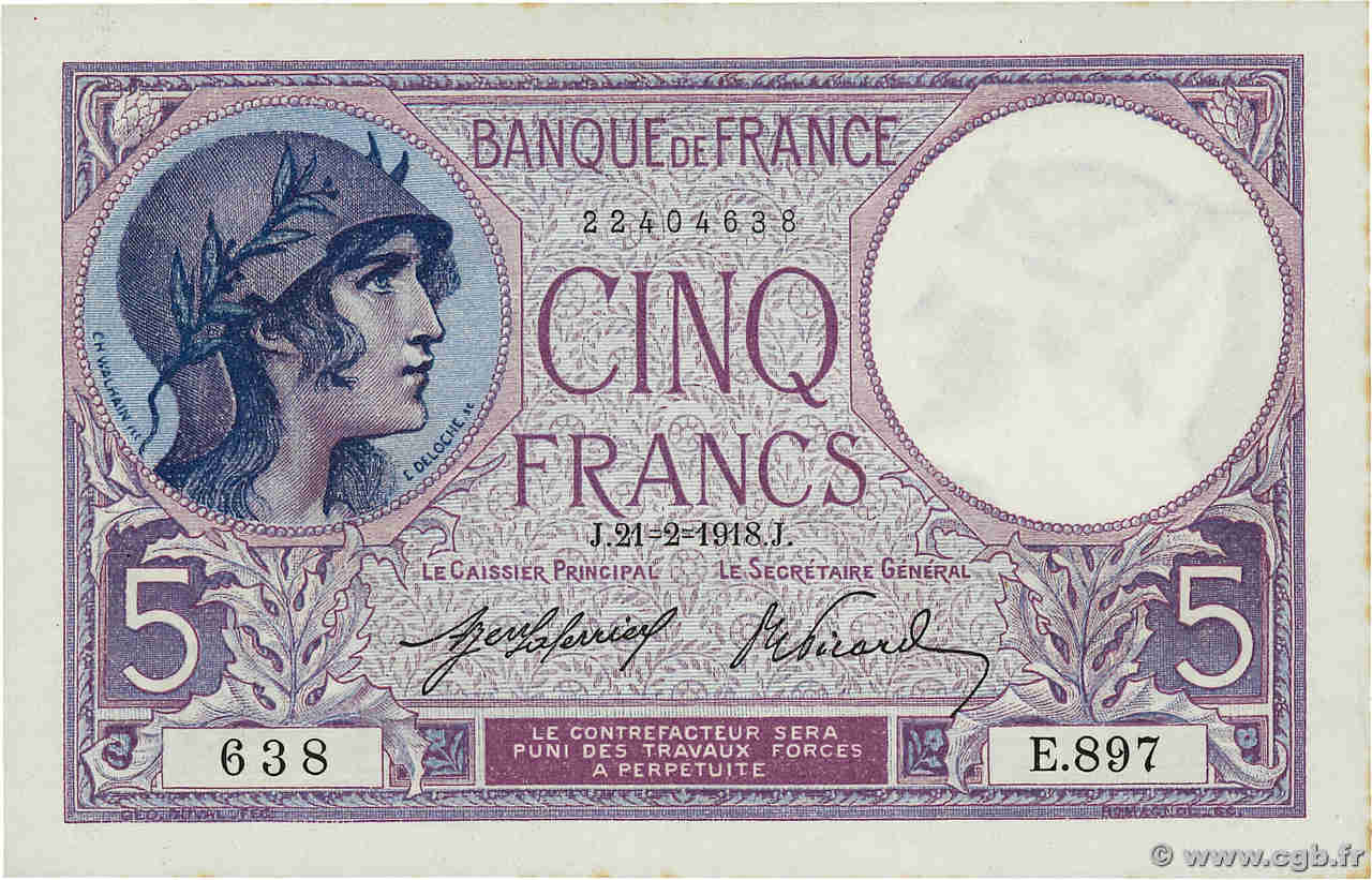 5 Francs FEMME CASQUÉE FRANCE  1918 F.03.02 SPL