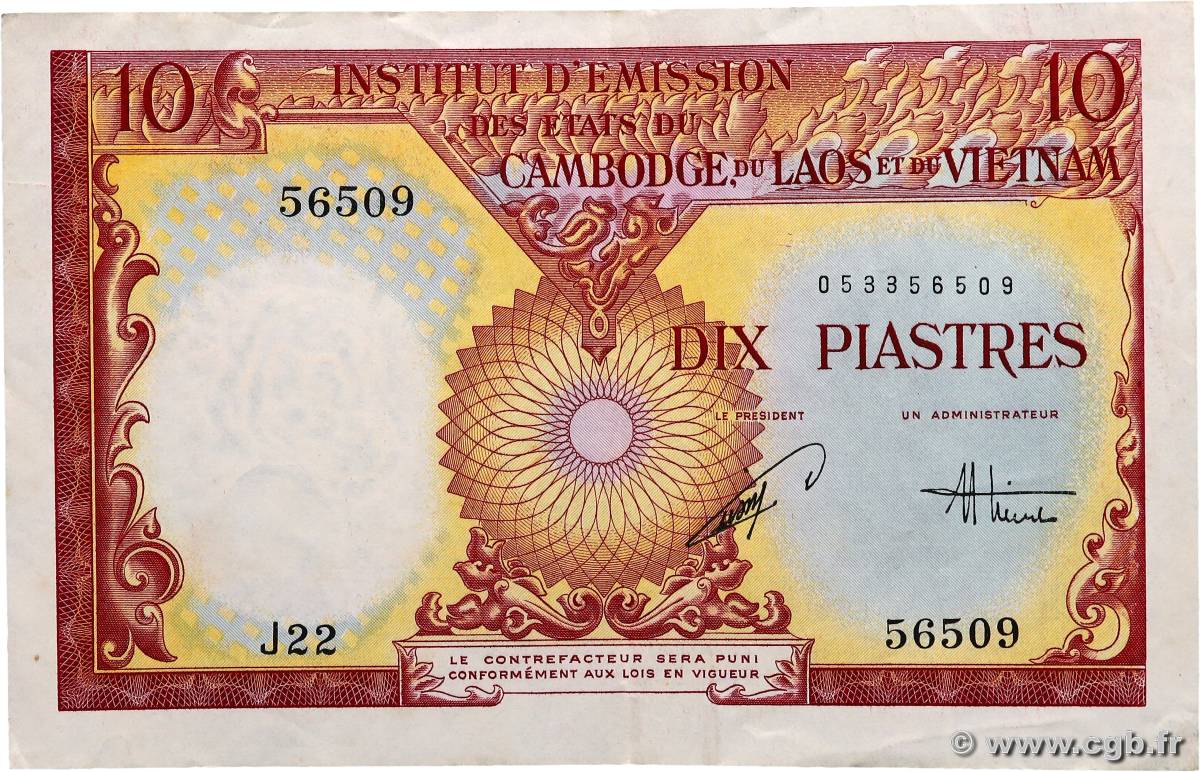 10 Piastres - 10 Dong INDOCHINE FRANÇAISE  1953 P.107 TTB+