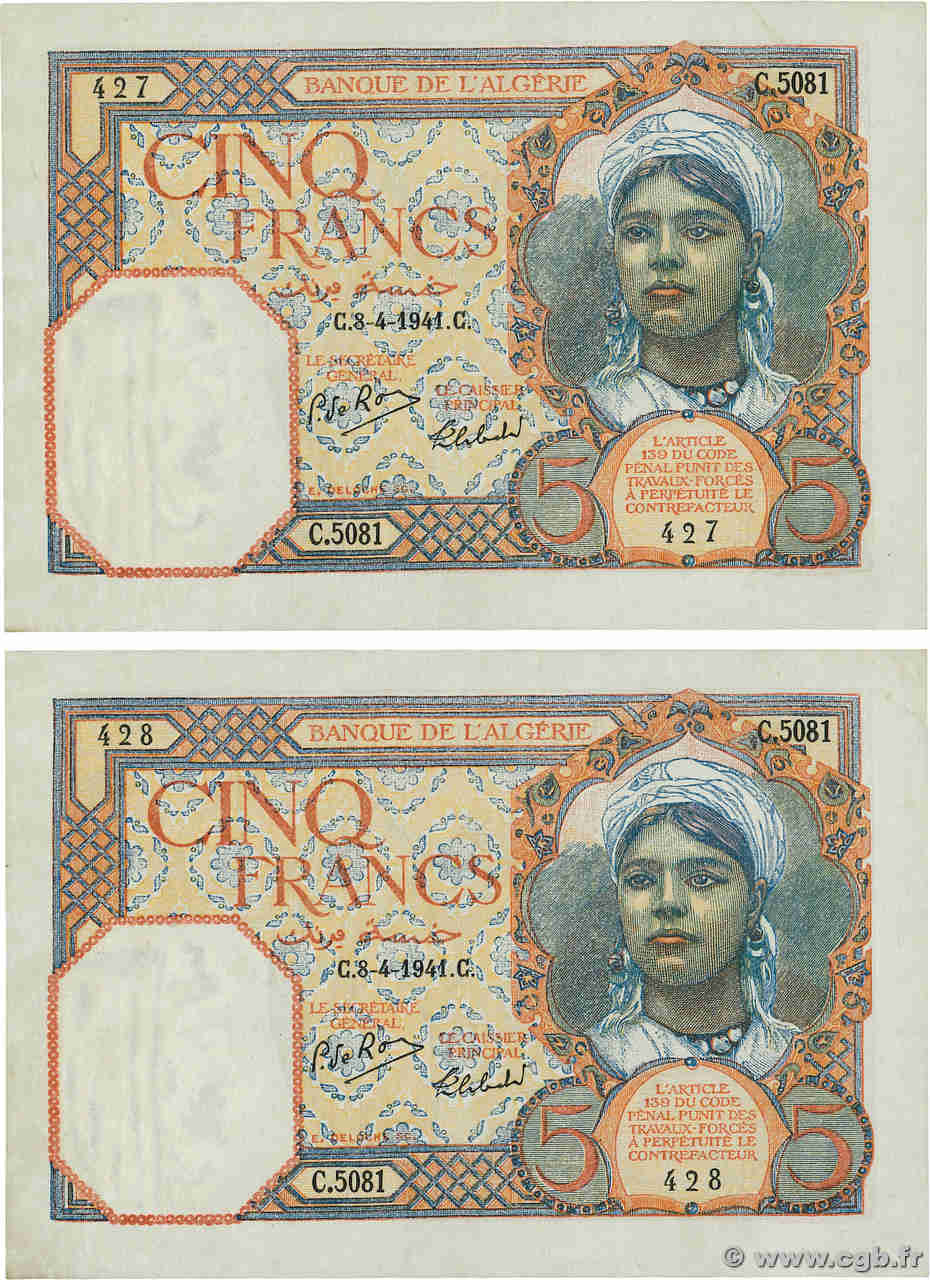 5 Francs Consécutifs ALGERIA  1941 P.077b AU