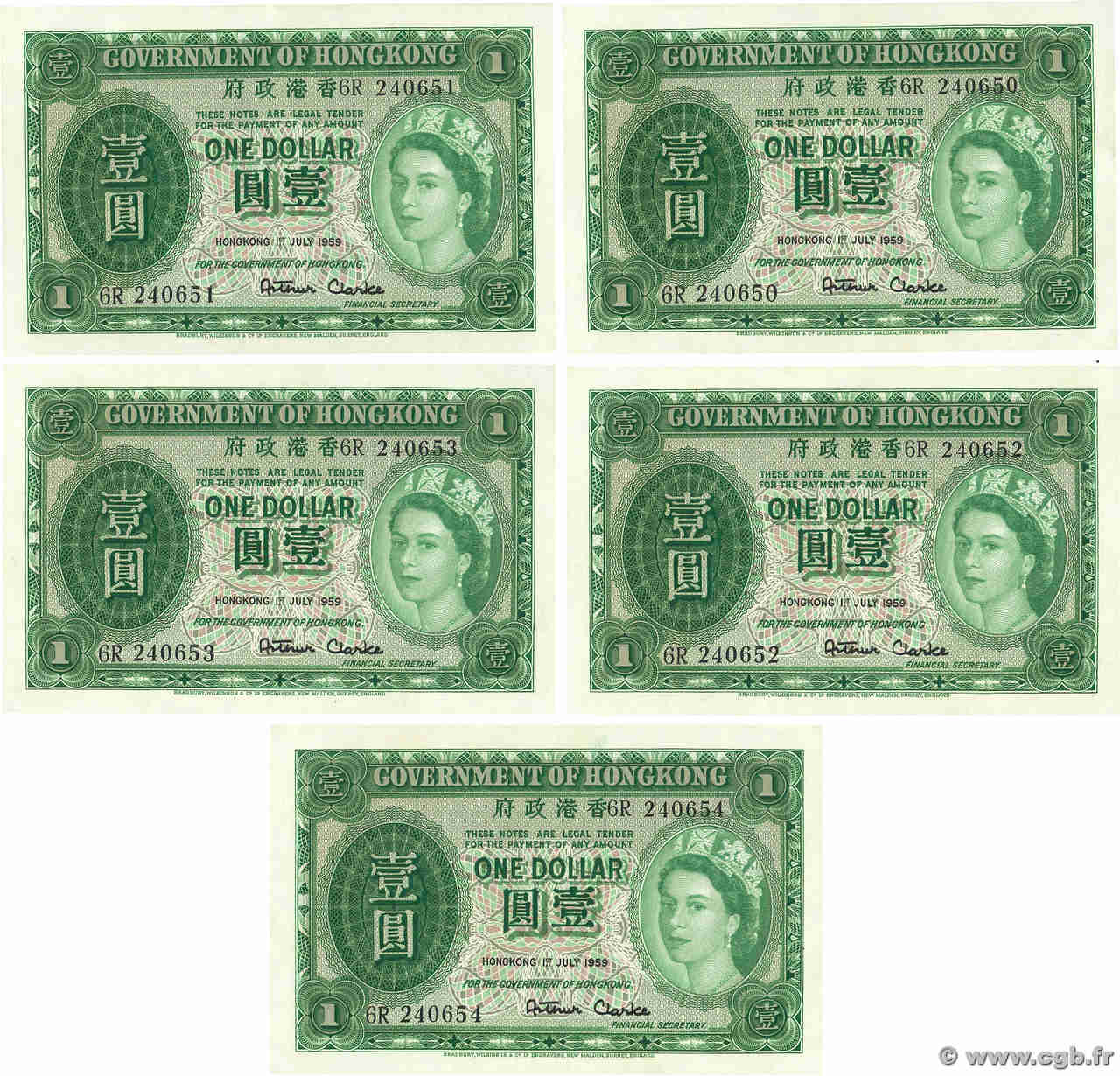 1 Dollar Consécutifs HONG KONG  1959 P.324Ab q.FDC