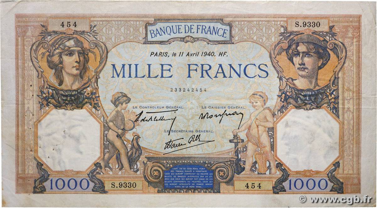 1000 Francs CÉRÈS ET MERCURE type modifié FRANCE  1940 F.38.45 TB+