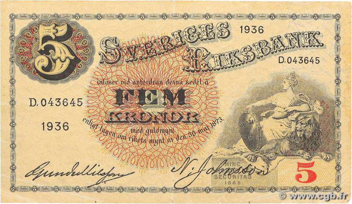 5 Kronor SWEDEN  1936 P.33s VF-