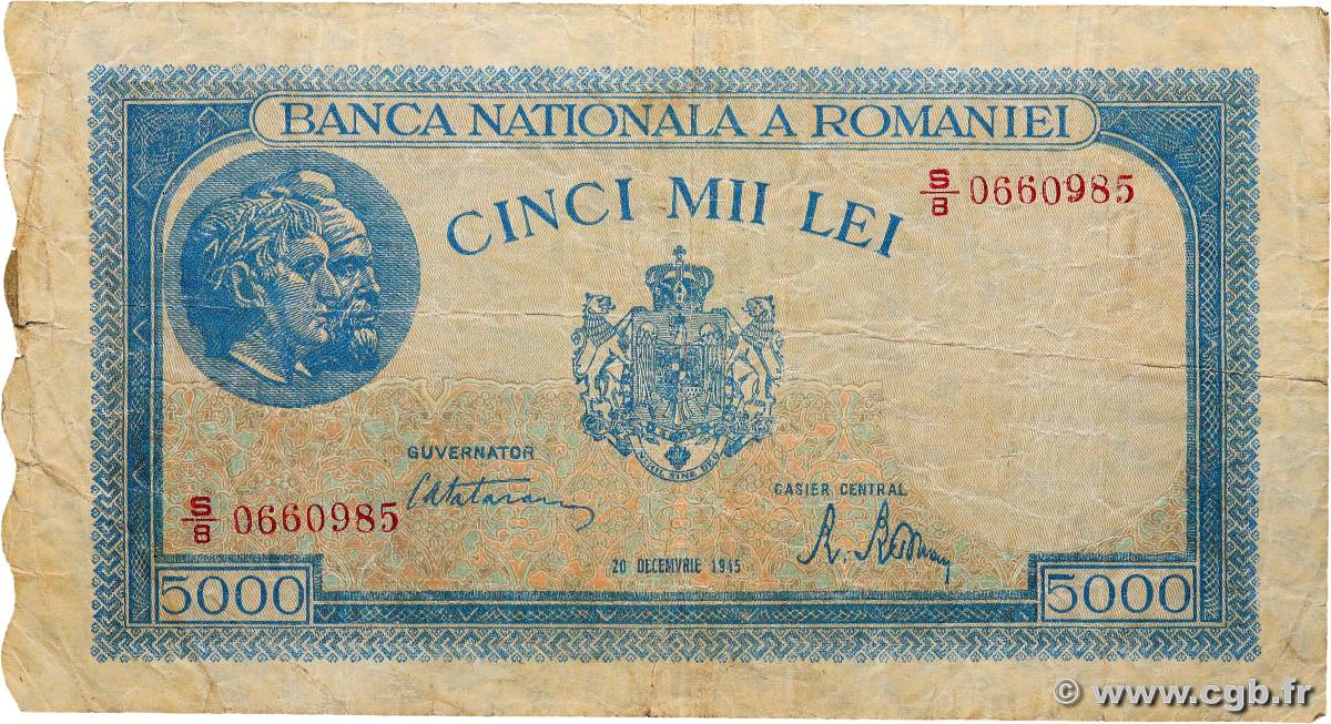 5000 Lei ROUMANIE  1945 P.056a B+