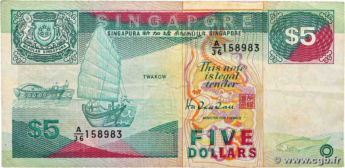 5 Dollars SINGAPORE  1989 P.19 VG