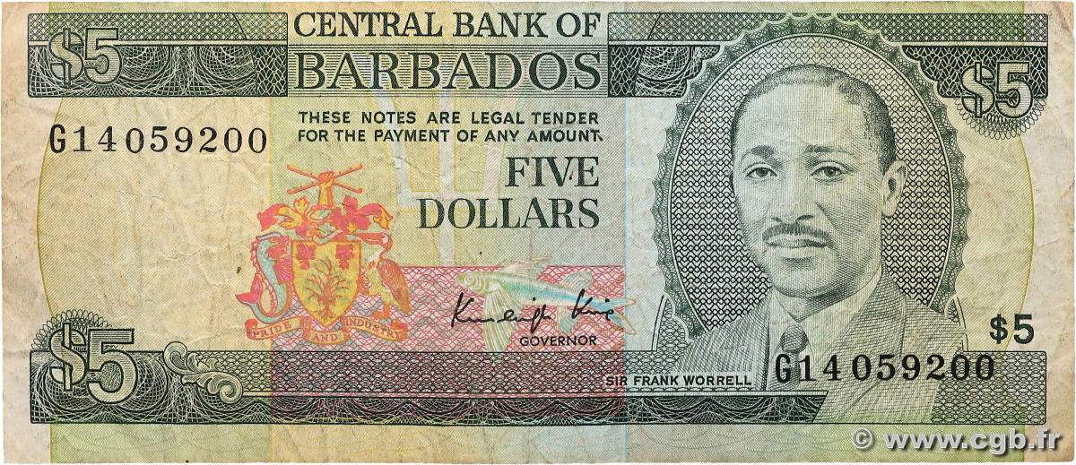 5 Dollars BARBADOS  1986 P.37 F