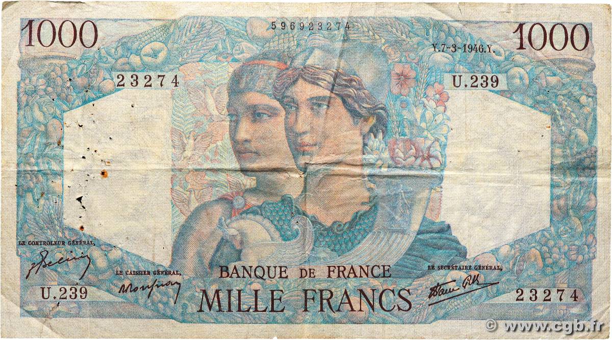 1000 Francs MINERVE ET HERCULE FRANCE  1946 F.41.12 TB