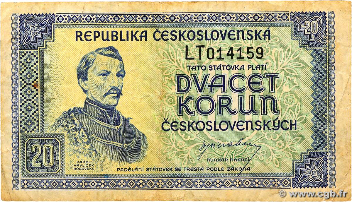 20 Korun CZECHOSLOVAKIA  1945 P.061a F