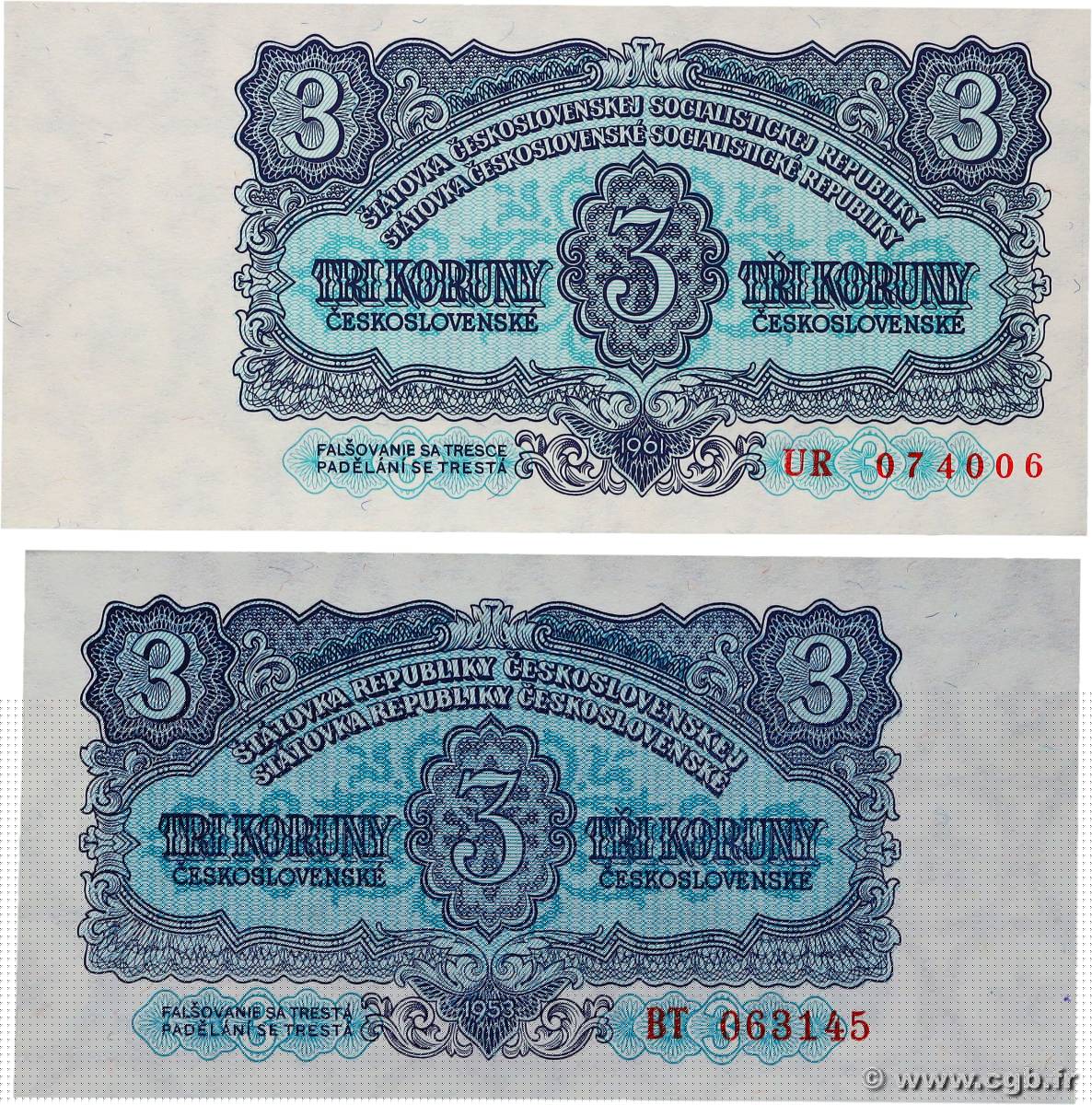 3 Korun Lot TCHÉCOSLOVAQUIE  1953 P.079a et P.081b pr.NEUF
