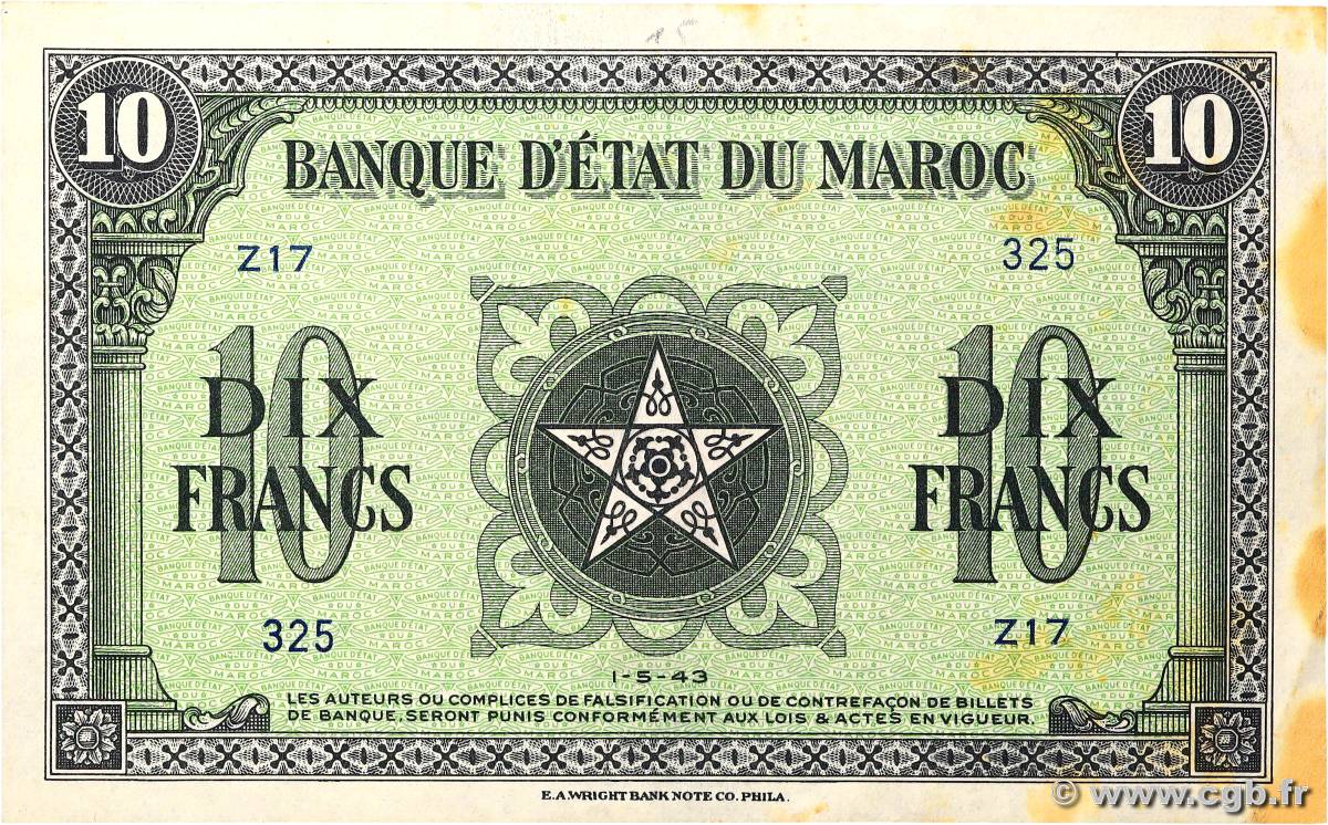 10 Francs MAROC  1943 P.25 TTB+